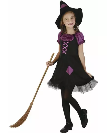 Paarse en zwarte heksen outfit voor meisjes, Maat: 10–12 jaar (130–140 cm)