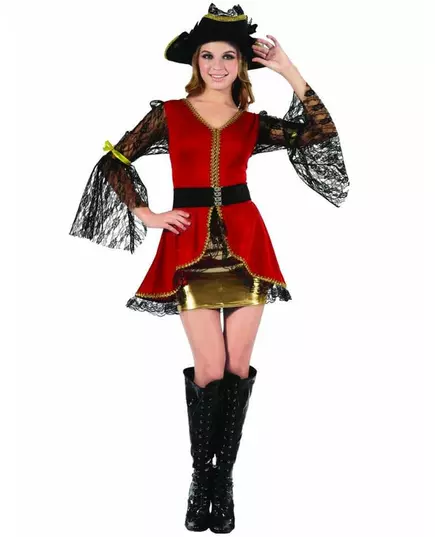 Déguisement pirate rouge et doré femme, Taille: Medium