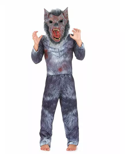 Eng grijs weerwolf kostuum met masker voor kinderen, Maat: 10–12 jaar (130–140 cm)