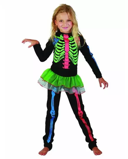 Gekleurde skeletten outfit voor meisjes, Maat: 7–9 jaar (120–130 cm)