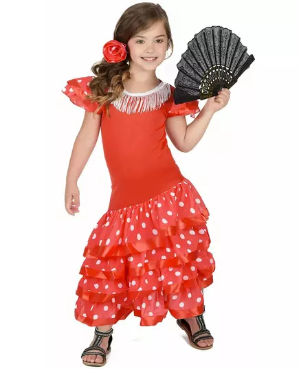 Rode flamenco danseres kostuum voor meisjes, Maat: 7–9 jaar (120–130 cm)