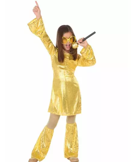 Goudkleurige lovertjes disco kostuum voor meisjes, Maat: 10–12 jaar (145–160 cm)