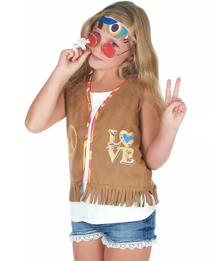 Bruin jaren 60 hippie gilet voor kinderen, Maat: 7–9 jaar (M)