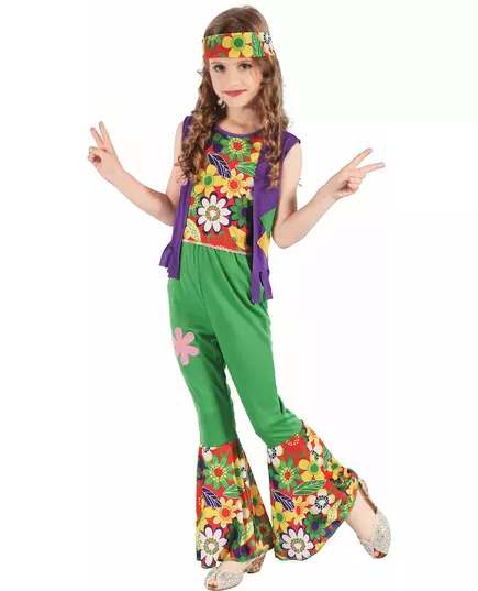 Déguisement hippie flower power vert fille, Taille: 7–9 ans (120–130 cm)