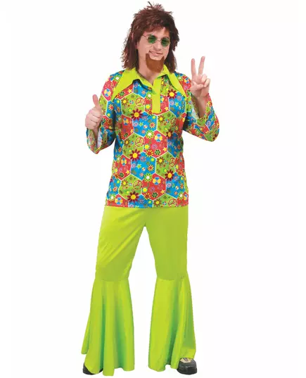 Déguisement hippie vert avec symboles colorés homme, Taille: Large (52–54)
