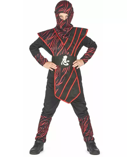 Rood gestreept ninja kostuum voor jongens, Maat: 7–9 jaar (120–130 cm)