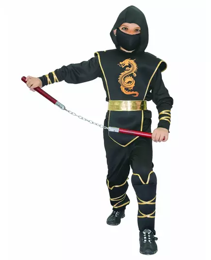 Déguisement ninja noir et doré garçon, Taille: 10–12 ans (130–140 cm)