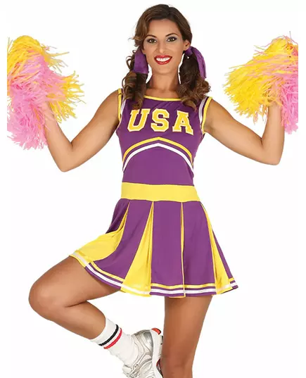 Déguisement pompom girl USA violet et jaune femme, Taille: Large (42–44)