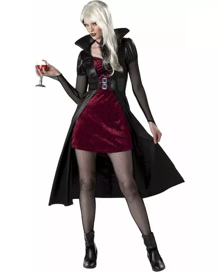Rood vampier kostuum met zwarte cape voor vrouwen, Maat: X-Large (44/46)