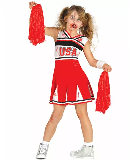 Rood en wit zombie cheerleader kostuum voor meisjes, Maat: 10–12 jaar (142–148 cm)