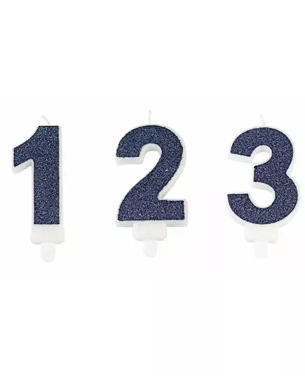 Bougie avec bobèche chiffre paillettes bleue marine 7,3 cm, Taille: 4