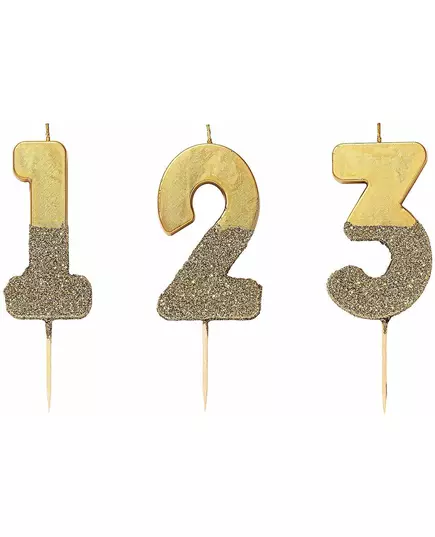 Goudkleurige glitter cijfer kaars, Maat: 7