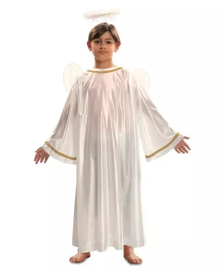 Wit engel kostuum met goudkleurige randen voor kinderen, Maat: 9 jaar (122–134 cm)