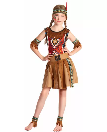Bruine en kleurrijke indiaan outfit met hoofdband voor meisjes, Maat: 4–6 jaar (110–120 cm)