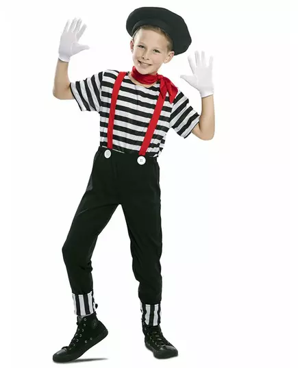 Mime kostuum met baret voor jongens, Maat: 10–12 jaar (139–155 cm)