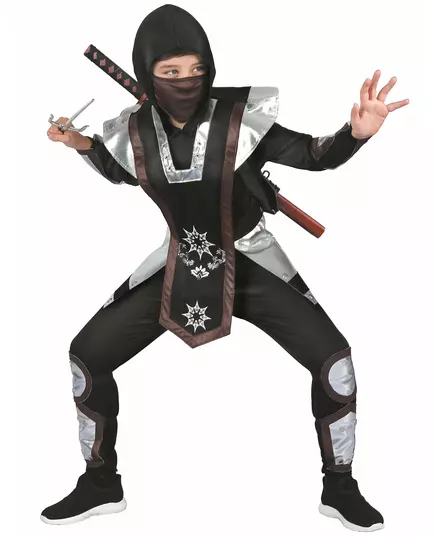 Zwart en zilverkleurig shuriken ninja kostuum voor kinderen, Maat: 4–6 jaar (110–120 cm)