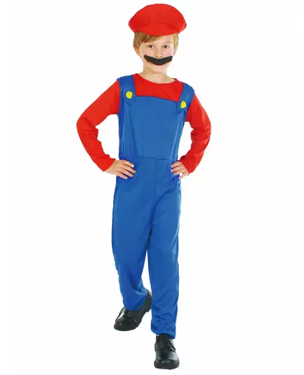 Rood en blauw videogame loodgieter kostuum voor jongens, Maat: 7–9 jaar (120–130 cm)