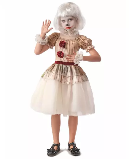 Beige eng clownkostuum voor meisjes, Maat: 4–6 jaar (110–120 cm)