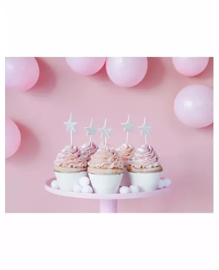 5 Bougies d'anniversaire sur pic étoiles argentées pailletées 3,5 cm, image 2