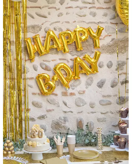 Ballon aluminium lettres Happy Birthday doré, image 2
