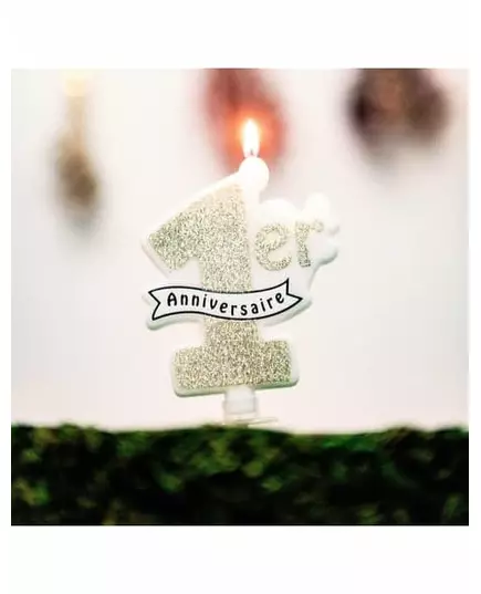 Bougie 1er anniversaire paillettes champagne 10 x 8 cm, image 2