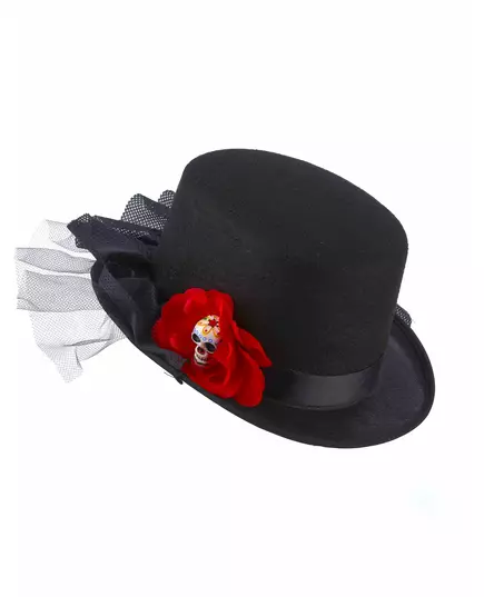 Chapeau haut de forme noir tête de mort fleur rouge Dia de los muertos adulte, image 2