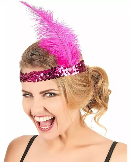 Bandeau Charleston à sequins et plume rose fuschia femme, image 2