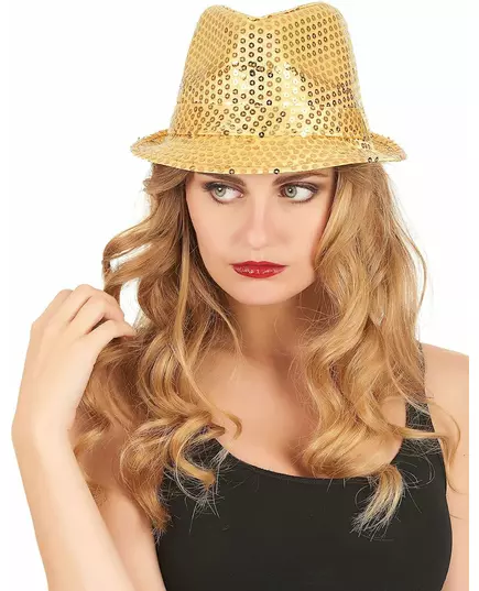 Chapeau borsalino à sequins doré adulte, image 2
