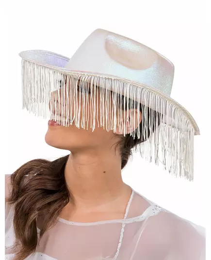 Volwassen witte iriserende cowboyhoed met franje, image 2