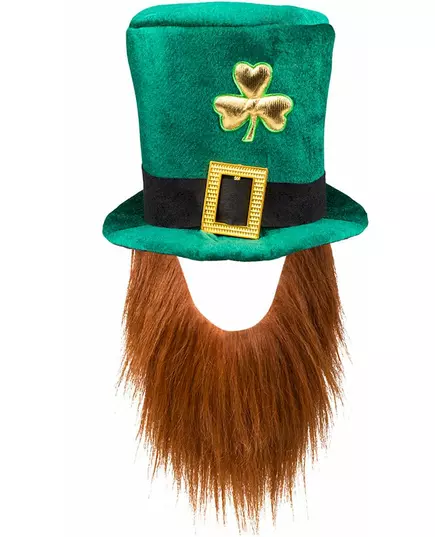Chapeau haut de forme trèfle doré adulte avec barbe Saint Patrick, image 2