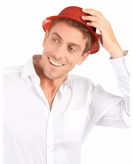Chapeau melon plastique pailleté rouge adulte, image 2
