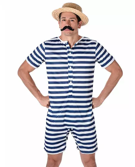 Blauw en wit gestreept retro zwem outfit voor mannen, Maat: Small, image 2