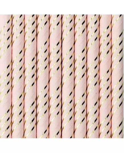 10 Pailles en carton roses rayées doré métallisé 19,5 cm, image 2