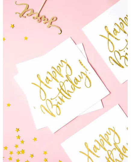 20 Serviettes en papier happy birthday blanches et dorées 33 x 33 cm, image 2
