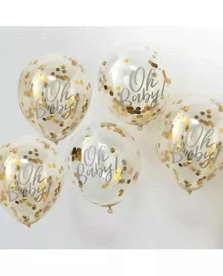Oh Baby transparante ballonnen met metallic gouden confetti 30 cm, image 2