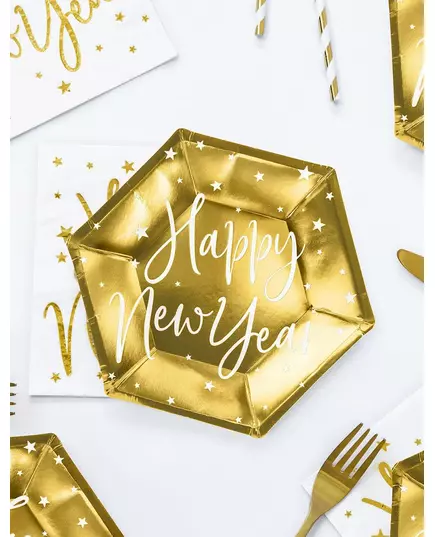6 Assiettes en carton happy new year dorées 20 cm, image 2