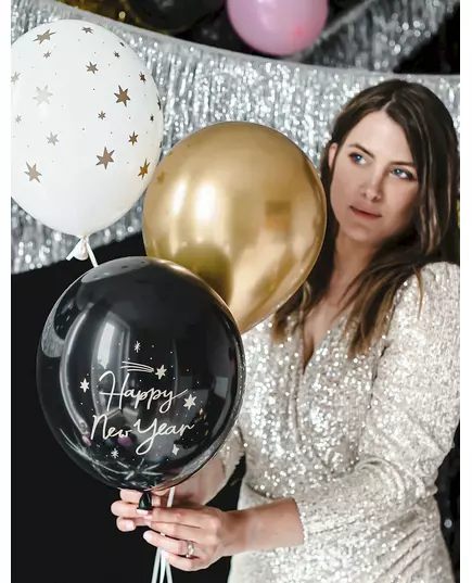 6 Ballons Happy New Year noir et or 30 cm, image 2
