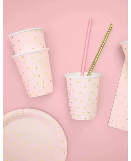 6 Gobelets en carton rose pâle et pois dorés 260 ml, image 2