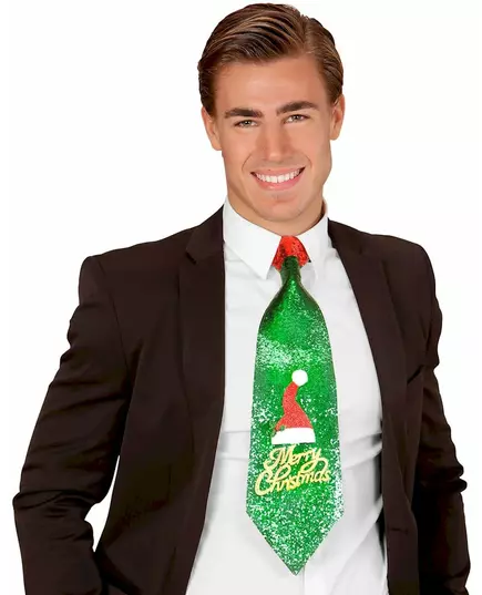 Vrolijk Kerstfeest groene stropdas met glitters, image 2