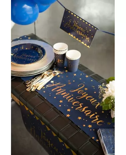 Blauwe en gouden Happy Birthday katoenen tafelloper 28 cm x 3 m, image 2