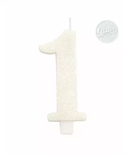 Bougie anniversaire chiffre blanche pailletée 9,5 cm, Taille: 8, image 2