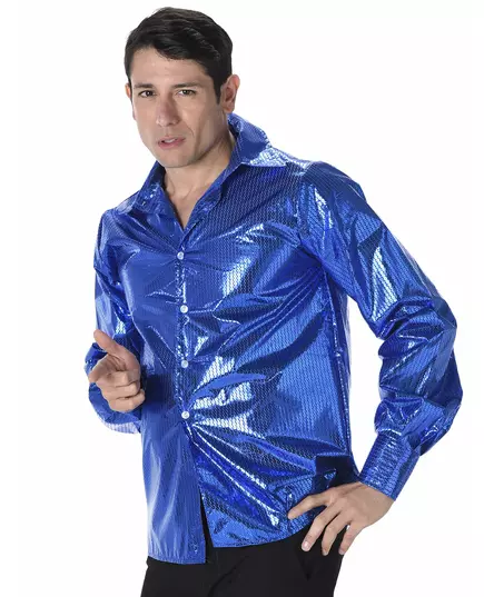 Chemise disco à sequins bleus homme, Taille: Small, image 2