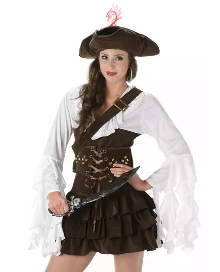 Bruin-wit piraten kostuum voor vrouwen, Maat: Medium, image 2