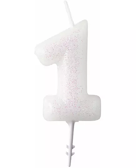 Bougie chiffre blanche à paillettes 6,5 cm, Taille: 1, image 3
