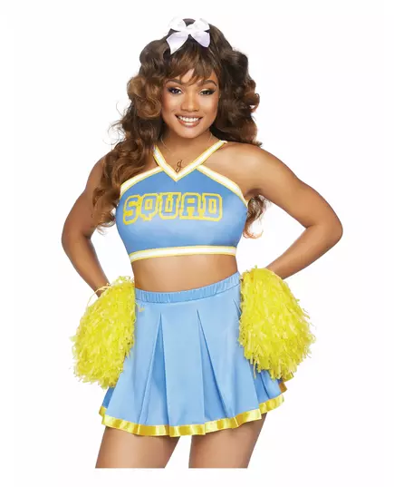 Lichtblauw en geel cheerleader kostuum voor vrouwen, Maat: Large (44–46), image 3