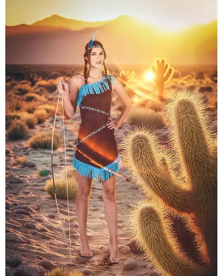 Blauw en bruin indiaan kostuum met franjes voor vrouwen, Maat: Small, image 4